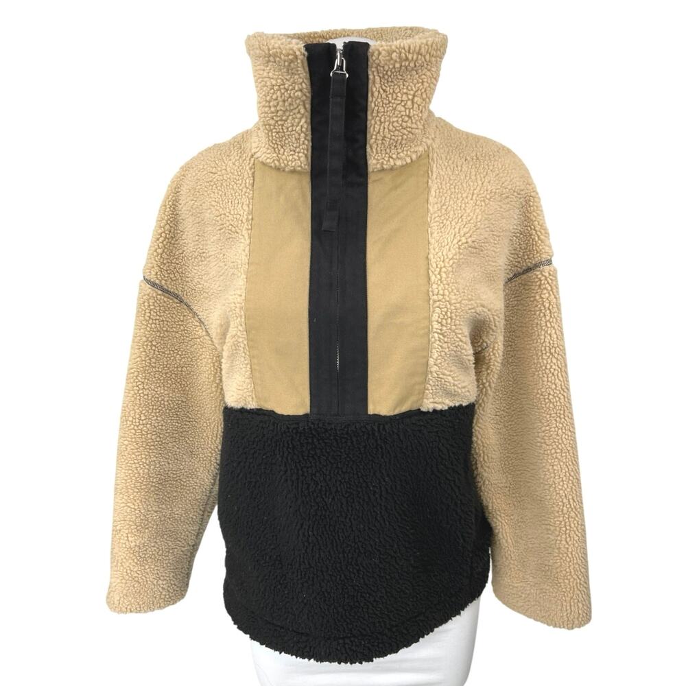 Something Navy Beige Black Teddy Sherpa Fleece 1/2 Zip Pullover Sweater Top XS